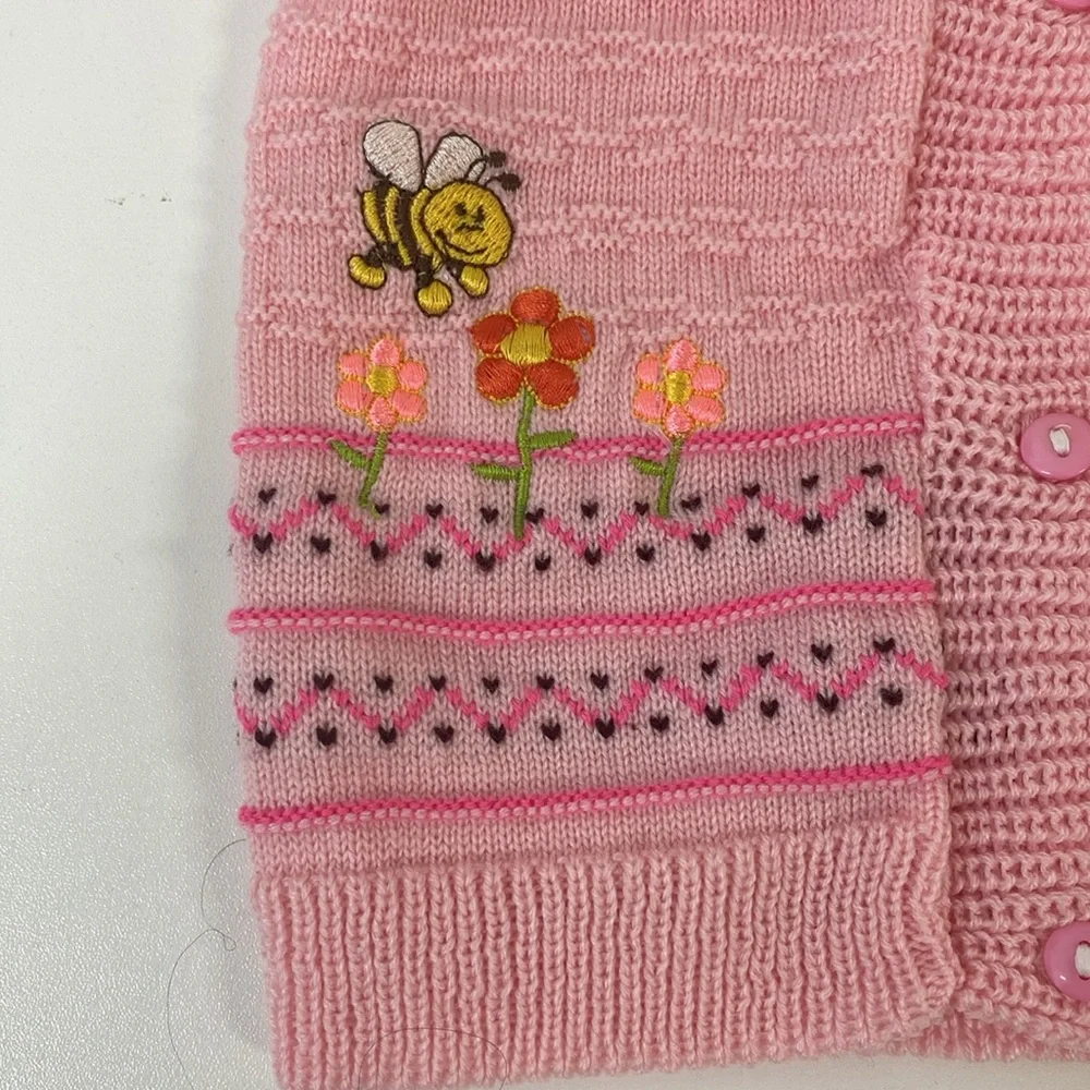 Vintage Pink Baby Cardigan with Embroidered Honey bee and Flowers 6-12 Months?